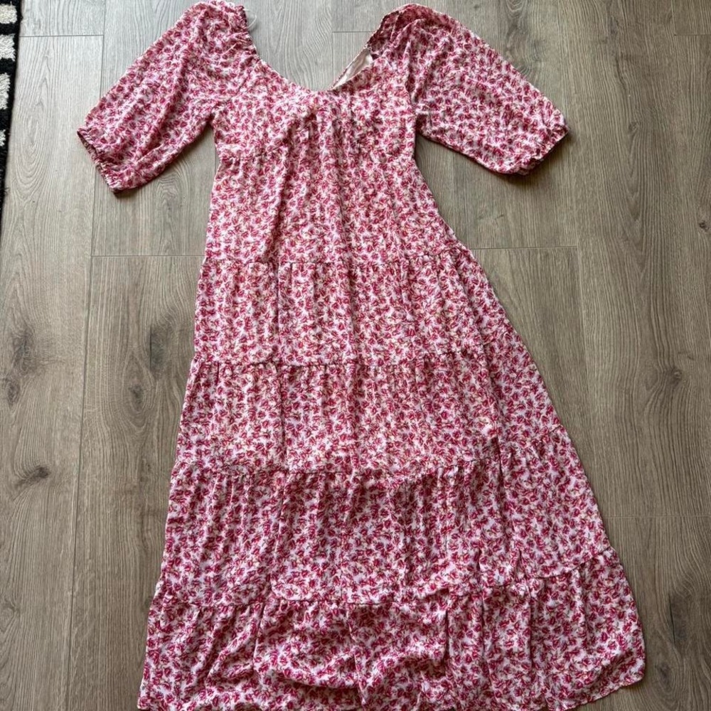 Pink Floral Cottagecore Maxi Dress Medium Puff Sleeve